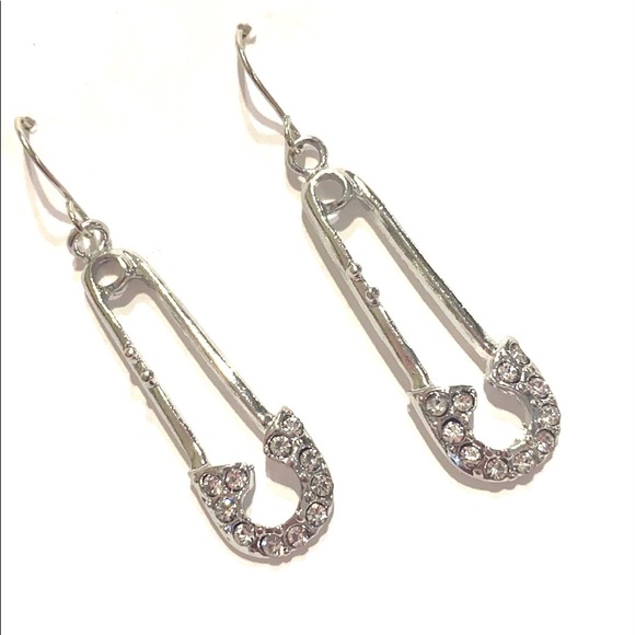 Safety Pin Earrings 2 Pairs Silver Tone Clear Rhinestones - Picture 4 of 6